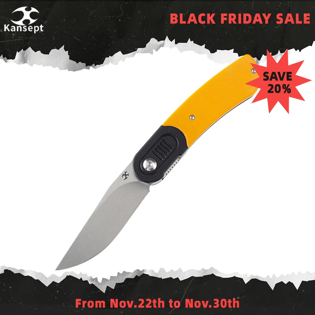 

Kansept Reverie T2025B7 Folding Knives Stonewashed 154CM Blade with Black and Yellow G10 Handle for Camping Hunting EDC Carry