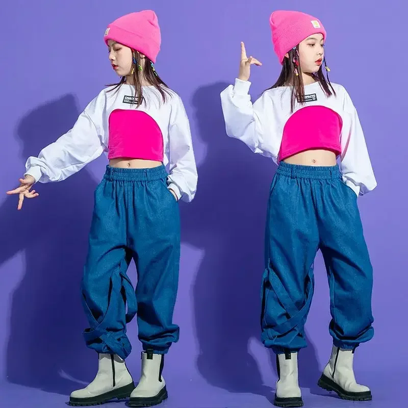 Stage Clothing Girl Hip Hop Crop Top Heckerboard Denim Cargo Pants Jazz Street Dance Performance Clothing