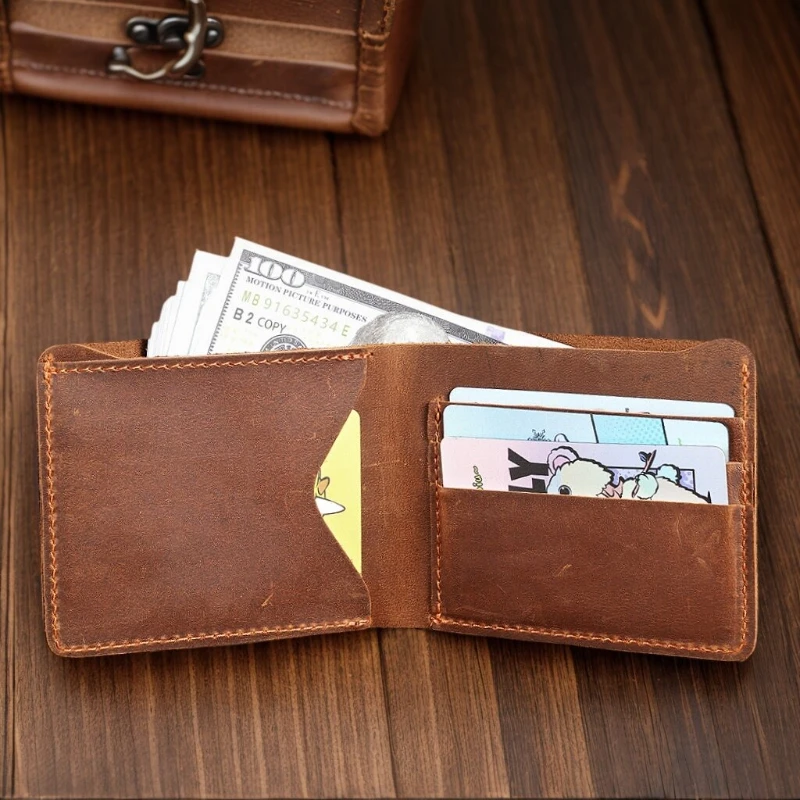 

Mens Handmade Short Crazy Horse Leather Wallets Retro Old Style Leisure Billfold Slim Banknote Wallet