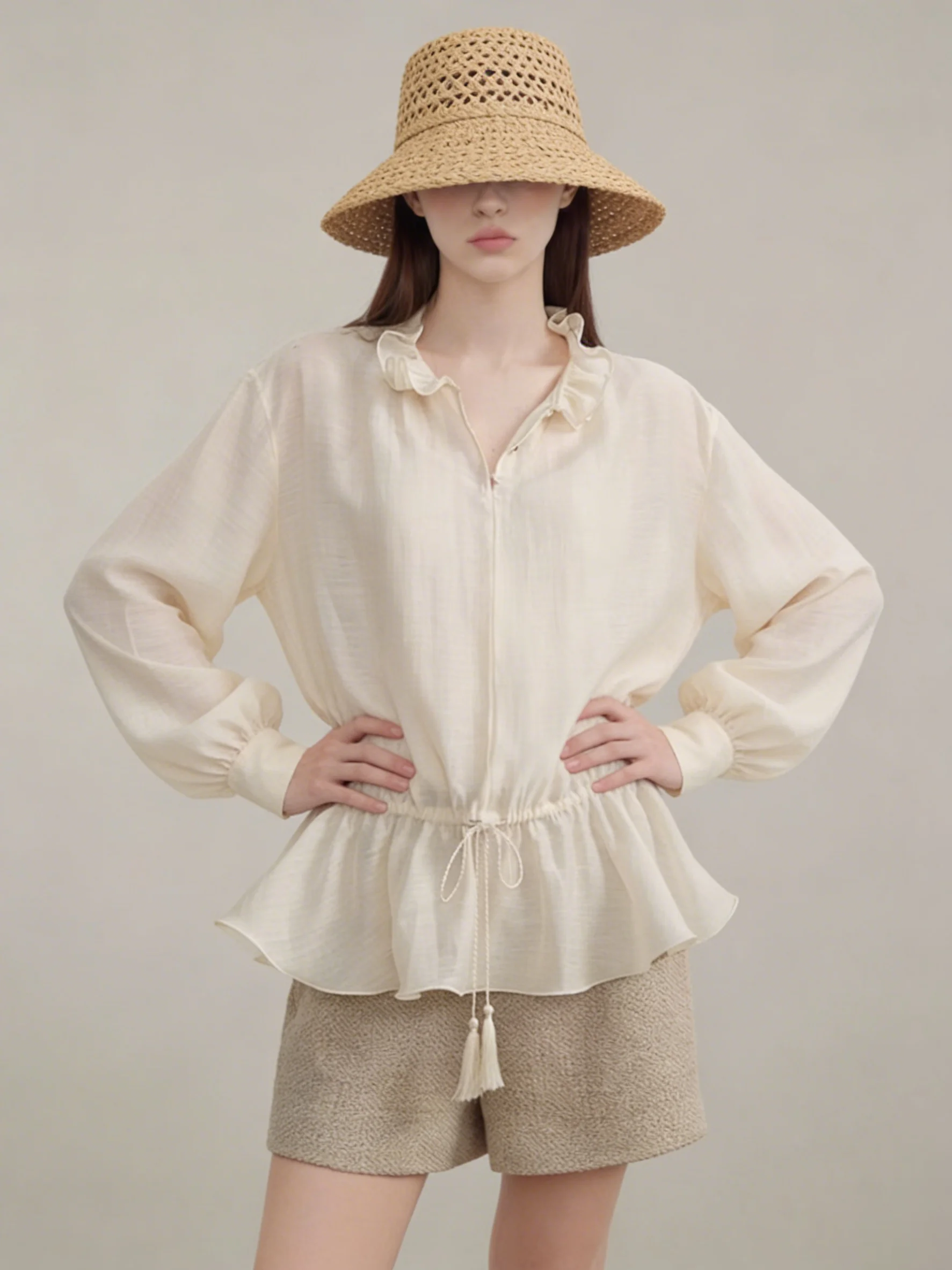 

Elegant Cherry Blossom Collar Shirt Women's Casual Style Long Sleeve Waist Cinched Spring 2026 New Fashion Trend