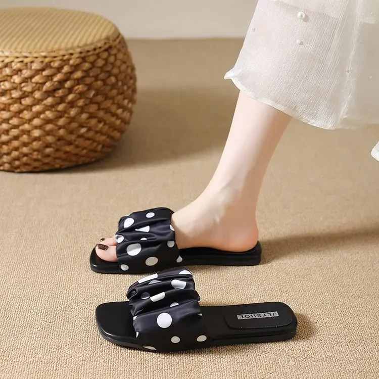 2026 Sommer Damen Plateau-Slipper mit dicker Sohle, Vintage Polka Dot Schuhe, Outdoor Square Toe Strand- und Urlaubssandalen – Detail 24