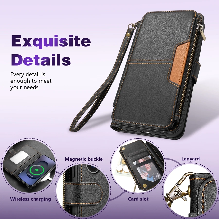 Portemonnee met meerdere kaartsleuven, ritssluiting, standaard, magnetische flip-leren hoes voor Samsung Galaxy S26 Ultra S25 FE S24 Plus S23 S22 S21 S20