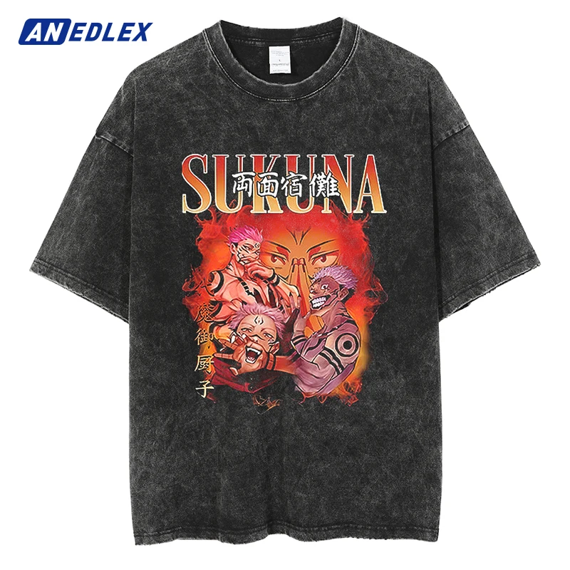 Streetwear Tshirt Japanese Anime Print Vintage Washed Black T Shirt Men Cotton T-Shirt Hip Hop Summer Loose Tops Tees Hipster