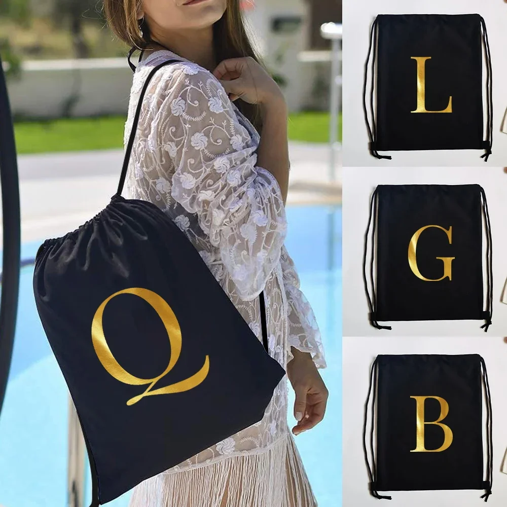 Drawstring Bag Backpack Portable Sports Bag Gold Letter Drawstring Gym Bags Swim Dance Backpack Beach Shoes Clothes Storage Bag