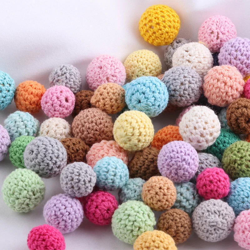 NANA 10pcs Handmade Round Woven Cotton Crochet Wooden Beads Teething Toys Wood Baby Crafts Diy Decorative Accessories 16mm 20mm