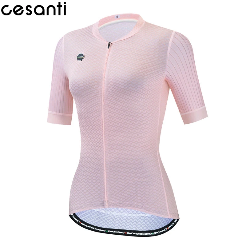 CESANTI Women Cycling Jersey Pro Summer Bike Clothing Pure Color Full Zipper Female Wear Non-slip Band