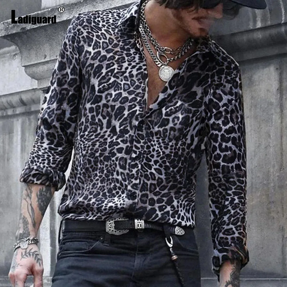 Creative Fashion Leopard Print Blouse Mens Vintage Shirts Clothing 2024 Summer Long Sleeve Basic Top Men Casual Shirt blusas New