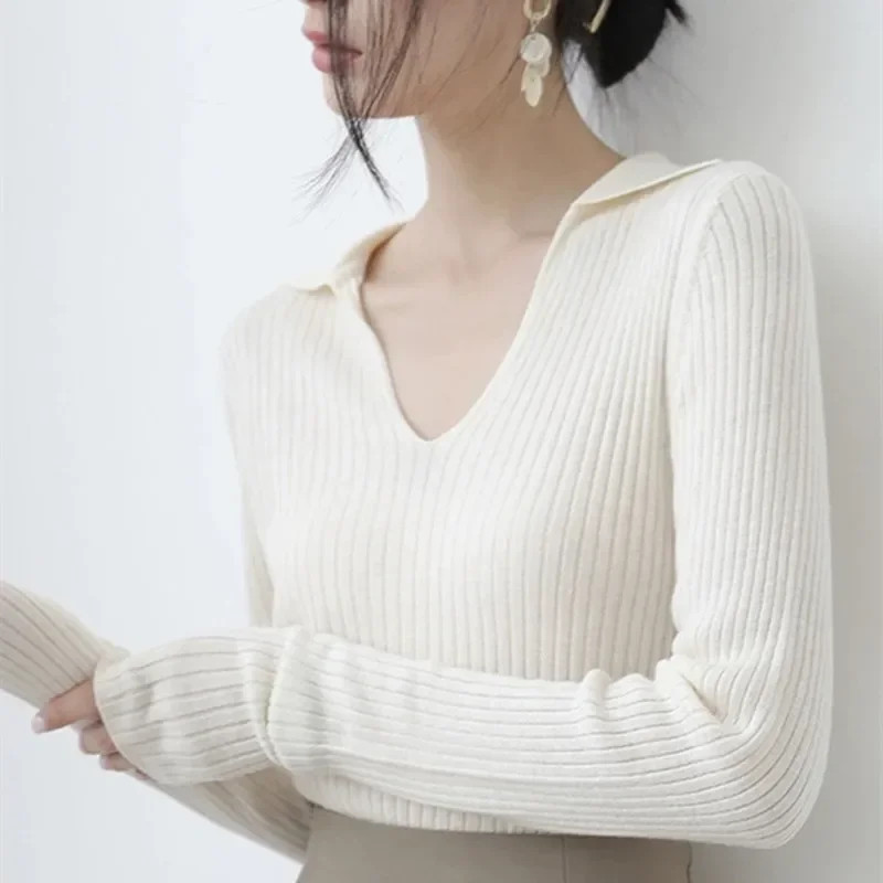 

Women Sweaters Knitted Tops Jumpers Sheath V Neck Slim Pullovers Autumn Winter Y2k Elegant Splice Work Streetwear Simple Tops