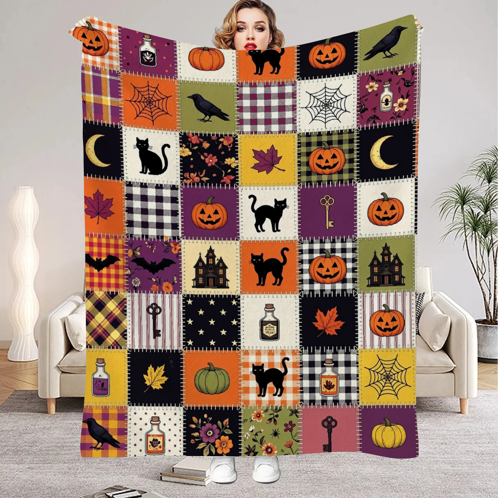 Halloween Patchwork Throw Blanket Pumpkin Black Cat Crow Spider Web Haunted House Plaid Print Soft Cozy Seasonal Sofa Bed Decor