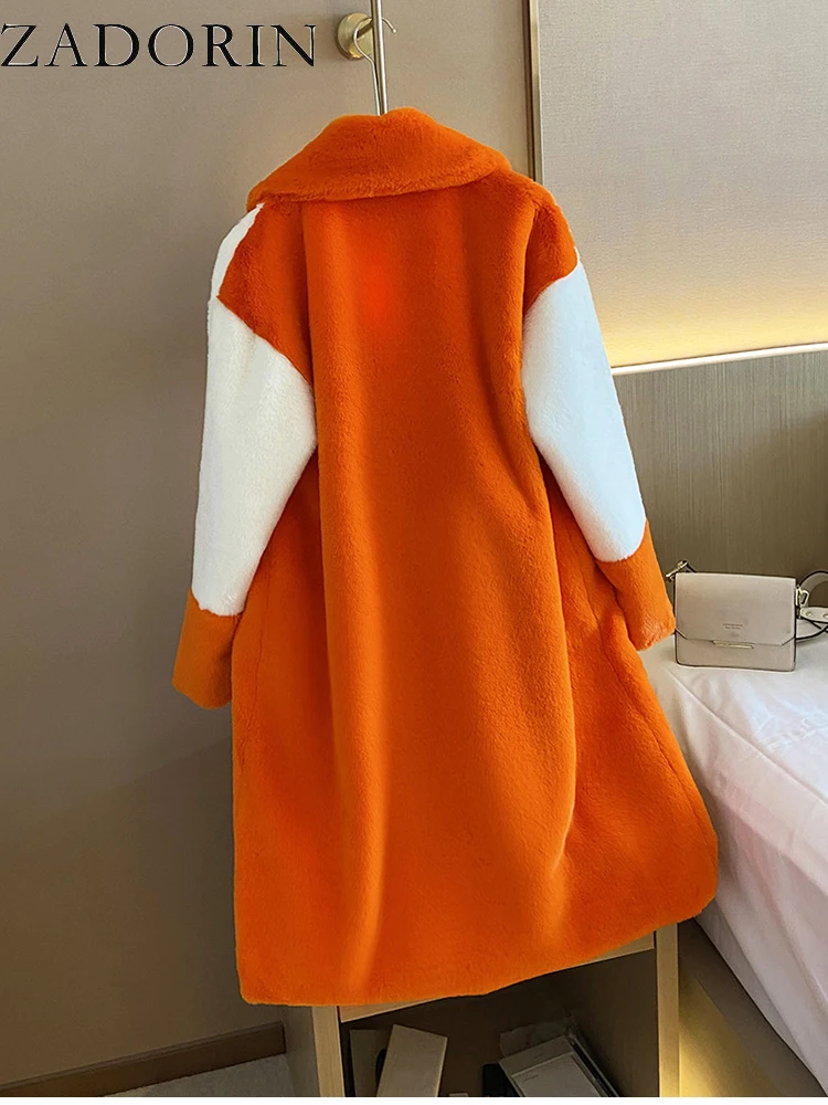 Zadorin Dames Winterjas Harige Warme Lange Faux Konijnenbontjas Vrouwen Revers Gesplitst Wit Oranje Nepbont Jas Trenchcoat