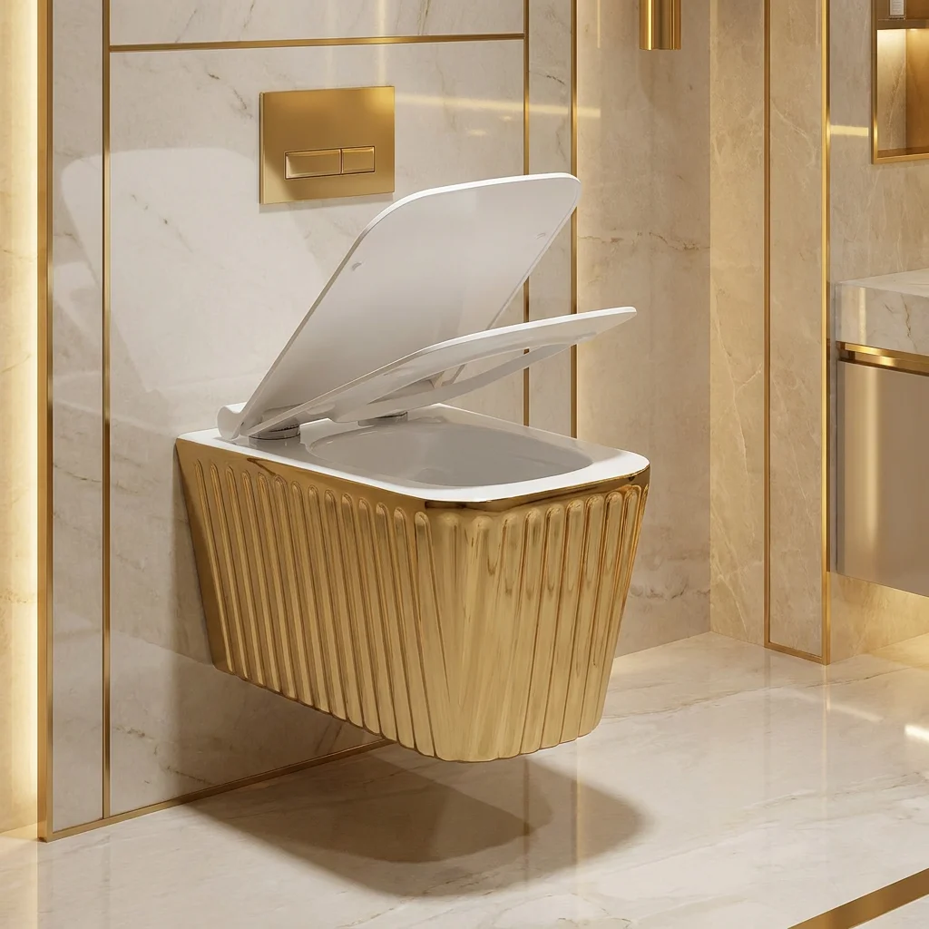 Luxury Gold Sanitary Ware Golden Color Bathroom Ceramic Toilet Suspend Wc Wall Hung Tornado Flush Toilet