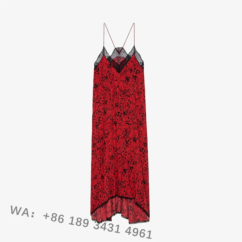 Zadig Summer Dress Woman Sexy Lace Splicing Halter Dresses Female Elegant Silk Sexy V-Neck Black Print Fashion Lady Red Robes