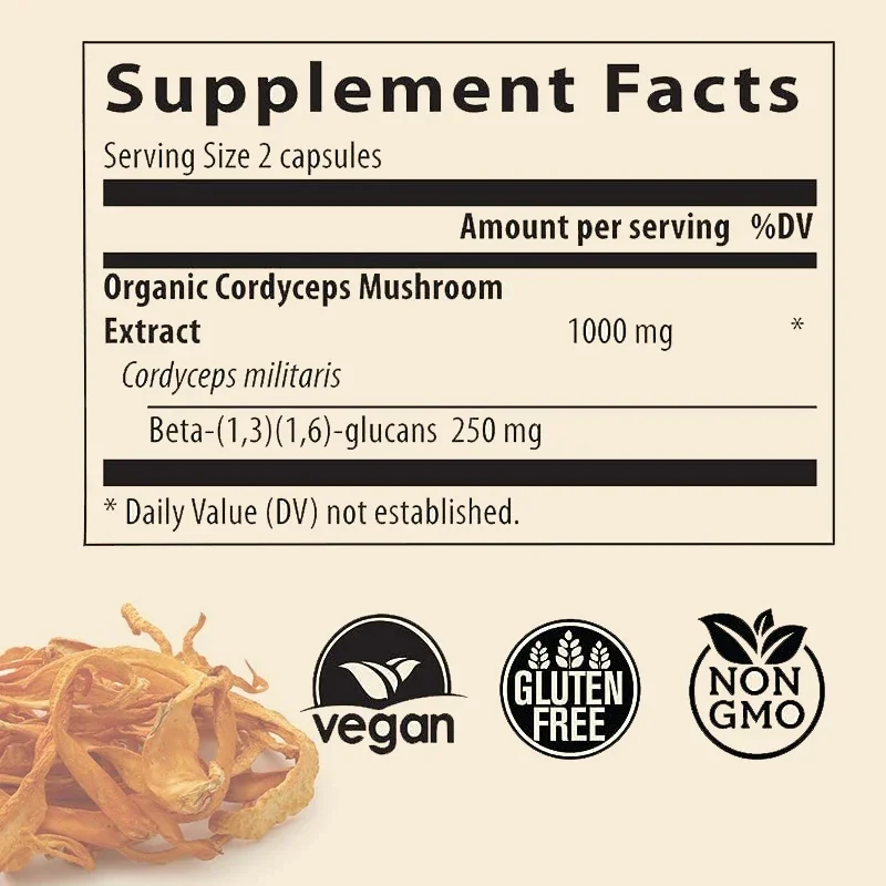 Cordyceps Capsule Supplement - Mushroom Extract, Provides Energy and Immune Support, Vegan