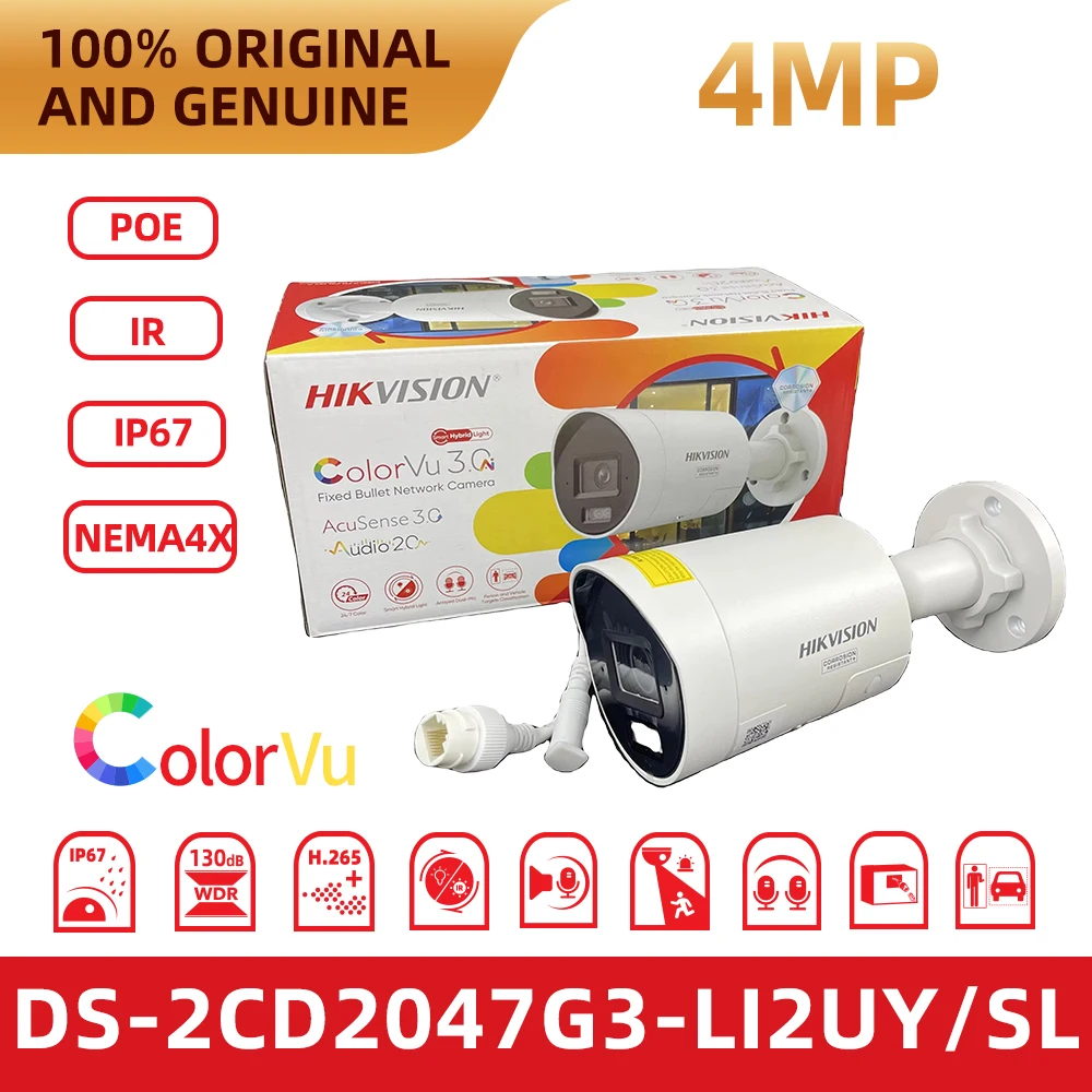Hikvision 4MP IP Camera DS-2CD2047G3-LI2UY/SL ColorVu Full-Color Night Vision NEMA4X Human Vehicle Detection Two-way Audio Out