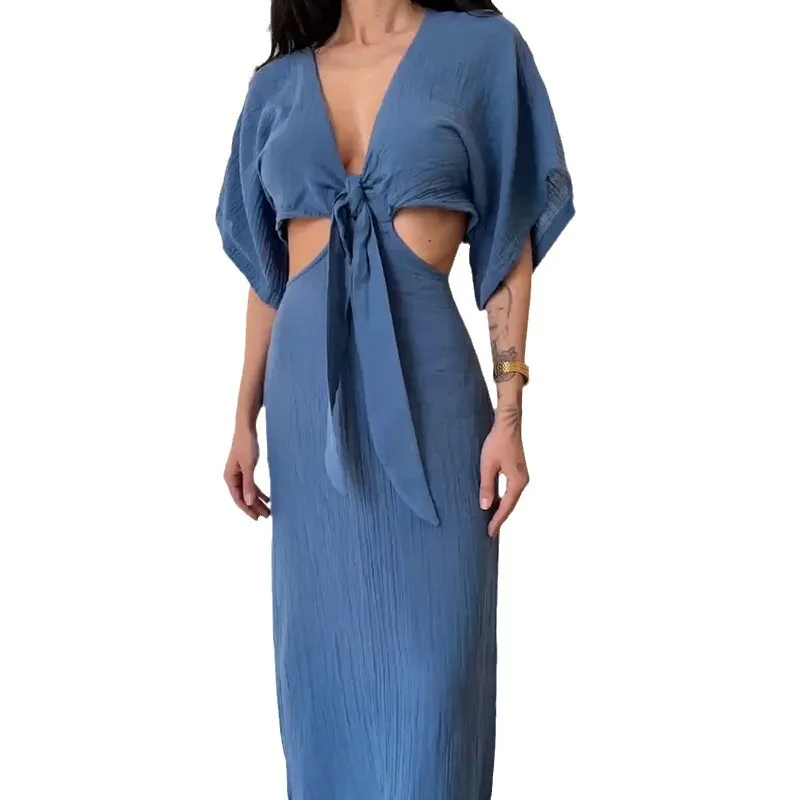 Swimsuit Cover Up Women Bath Beachwear 2025 Clothing For Swimwear Tunic Hollowed Out Backless Summer Dress Pareo With Sleeve