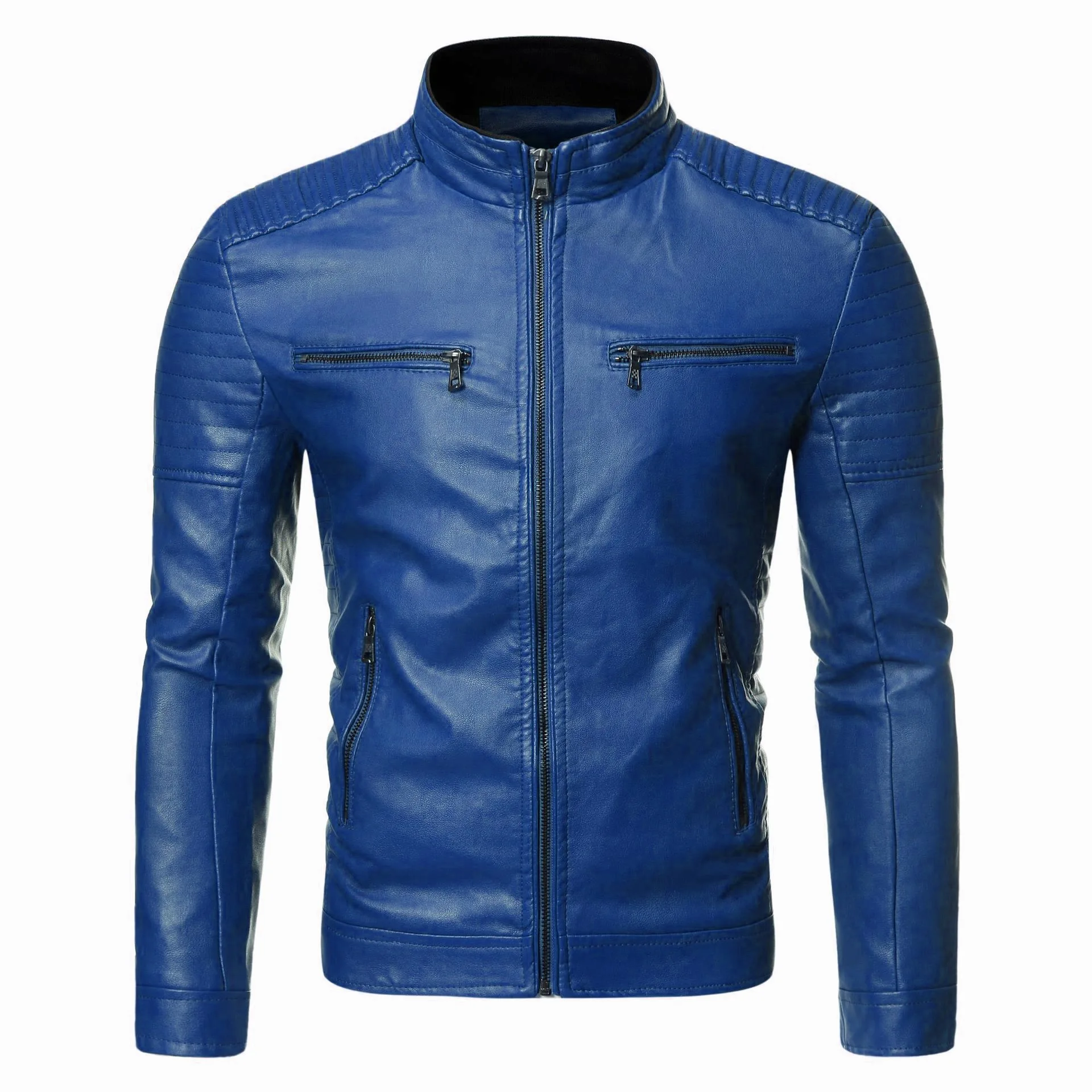 Winter Business Gentleman Warm Zip Cardigan Pocket Decorative PU Leather Jacket Stand-Up Collar Slim Leather Jacket
