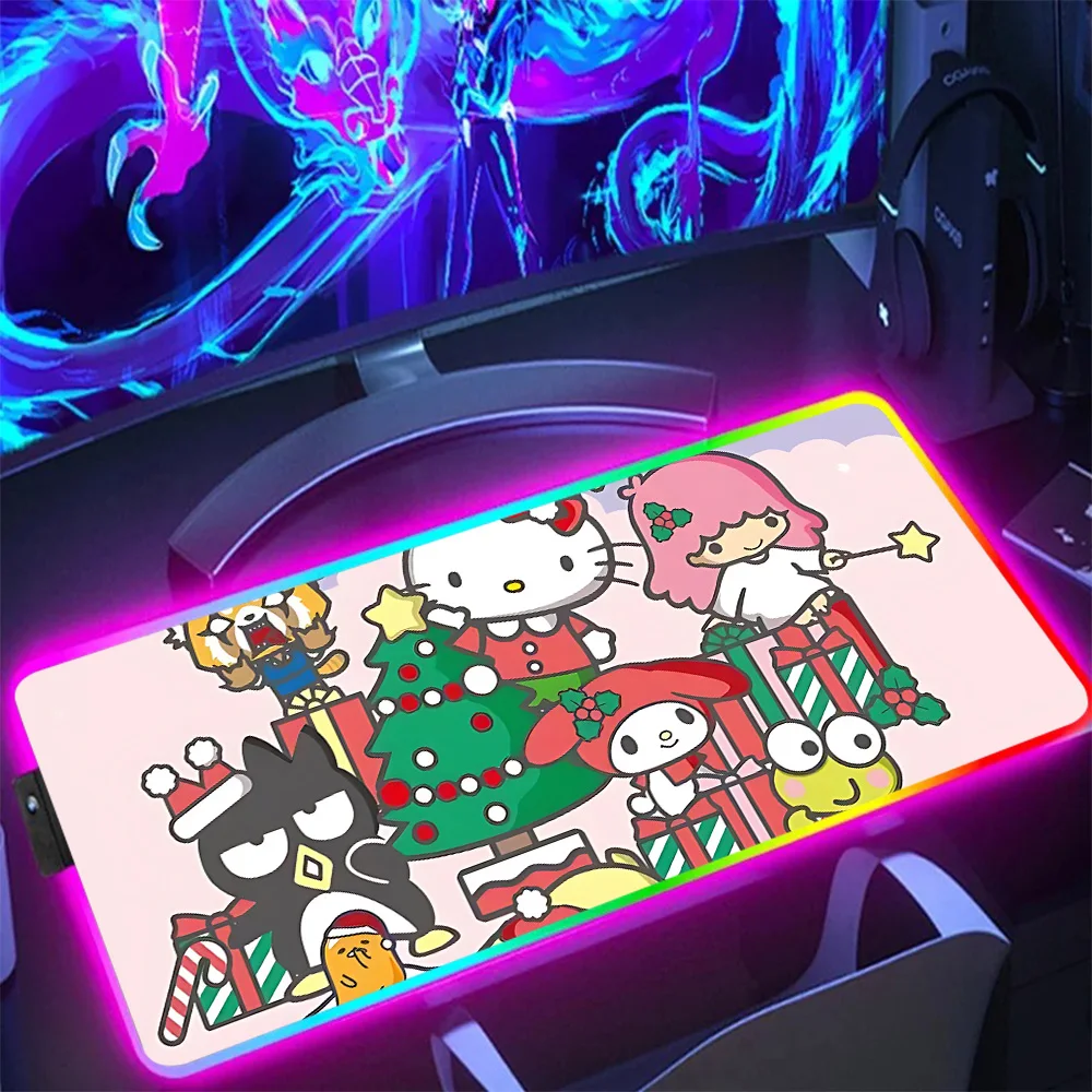 Hot Sanrios Hellokitty Christmas RGB Pc Gamer Keyboard Mouse Pad Mousepad LED Glowing Mouse Mats Rubber Gaming Computer Mausepad