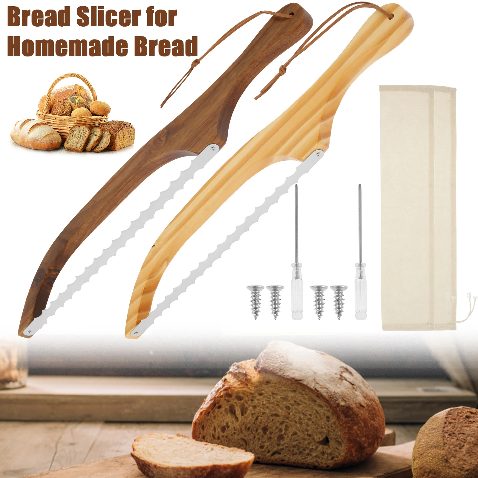 Wooden Bread Bow Knife Serrated Bread Bow Cutter Stainless Steel Sourdough Bread Knife Professional Bread Knife Cake Cutting