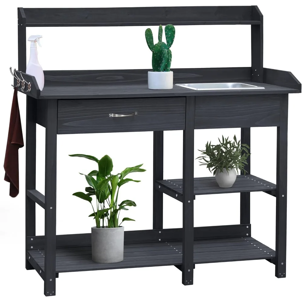 

Potting Bench, Potting Table with Removable Stainless Sink, Side Hooks, and Lower Shelves, Outdoor Potting Bench for Garden