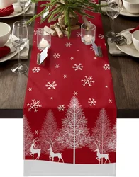 Christmas Elk Pine Tree Forest Red Xmas Snowflake Linen Table Runners Home Decor Zmywalne bieżniki na stół do jadalni Materiały imprezowe