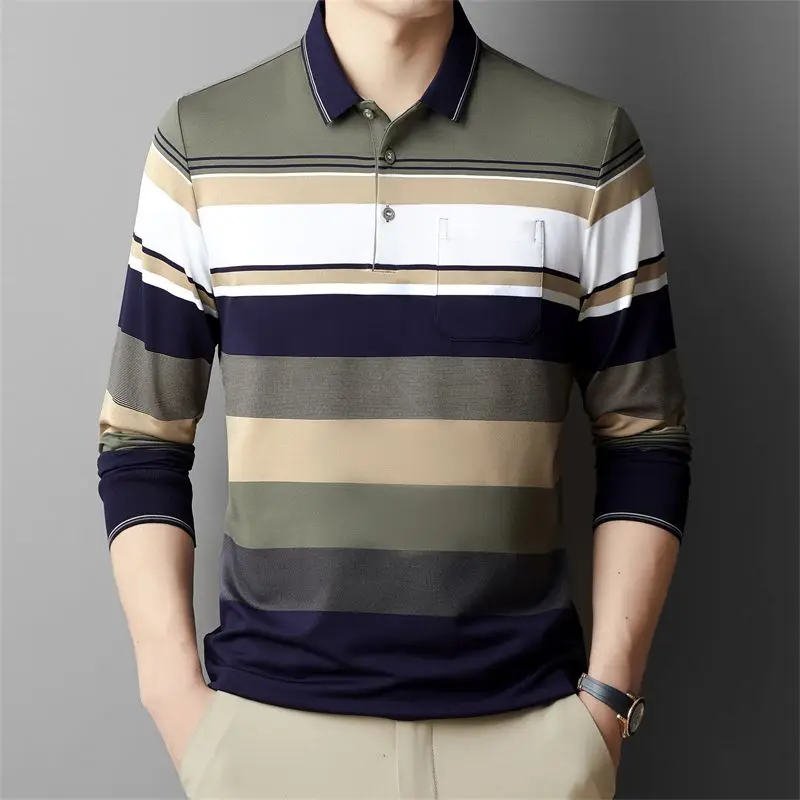 Casual Long Sleeve Polo Shirt for Middle Aged Men Striped Cotton Loose Fit with Pocket Basic Wear for Dad