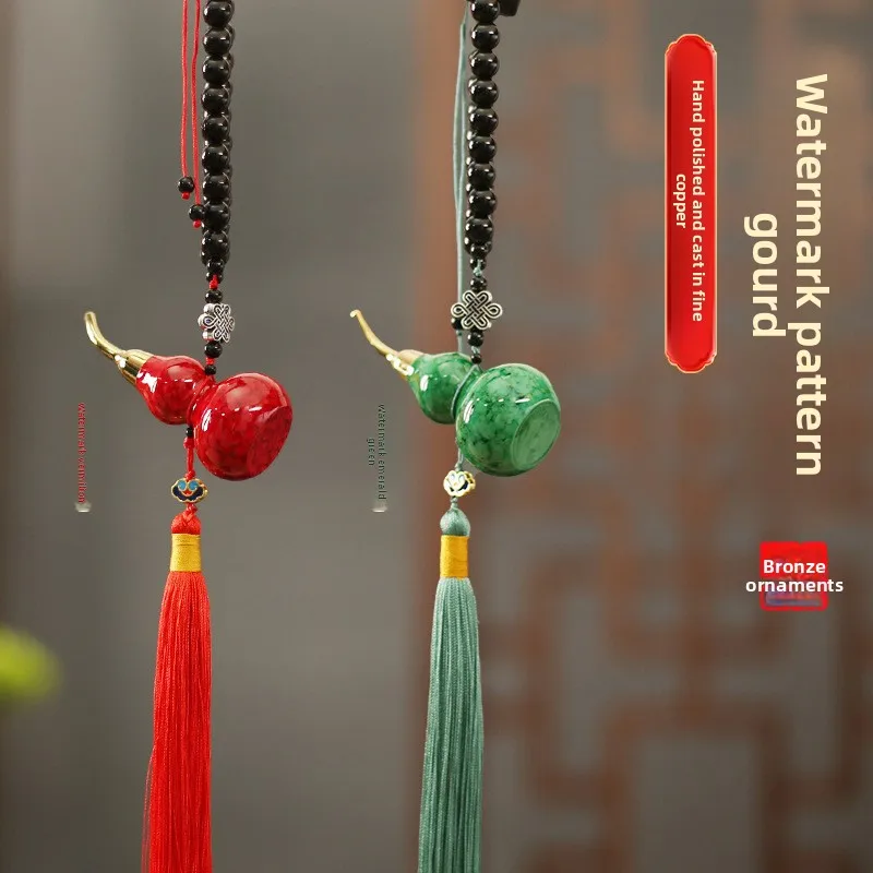 Hand painted brass gourd pendant with tassel traditional lacquer craft hanging ornament for car rearview mirror home bag decor