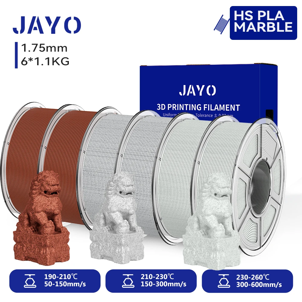 JAYO 6 Rollen Hochgeschwindigkeits-PLA-Marmor-3D-Druckerfilament 1,75 mm für FDM-3D-Drucker, Hochgeschwindigkeits-3D-Druckmaterial mit Marmorstruktur