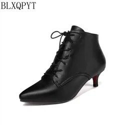 BLXQPYT Women's Ankle Boots Big Size Spring Autumn Stiletto Thin Low Heels Pointed Toe Leather Lace-Up Sexy Style Shoe Size 56-6
