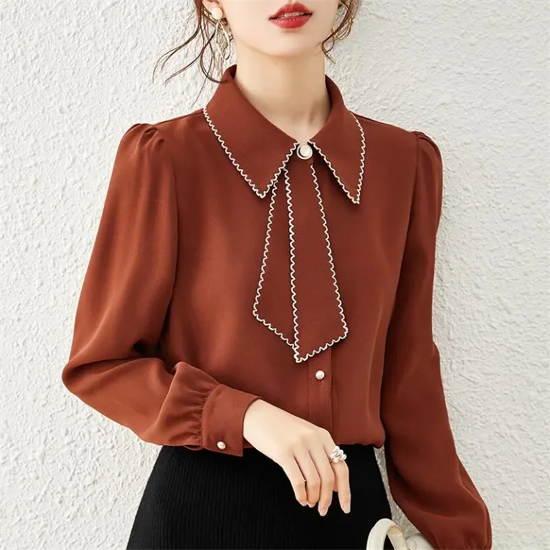 Ribbon Shirt Women Blouses Bow Shirt Cardigan Top Line Blouse Base Chiffon Shirt Fashion Bottom Long Sleeve Pointed Collar Blous