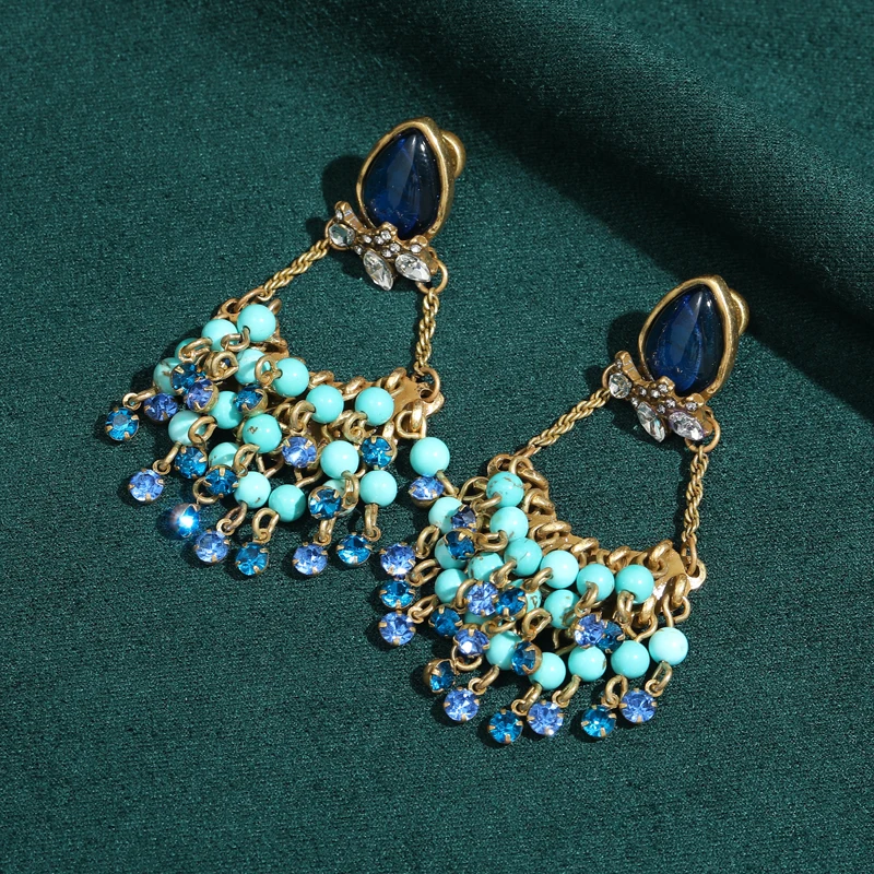

Big Blue Crystal Drop Dangle Earring Retro Turquoise Glaze Bead Chain Tassel Jewelry Vintage Luxury For Women 2026 Mother