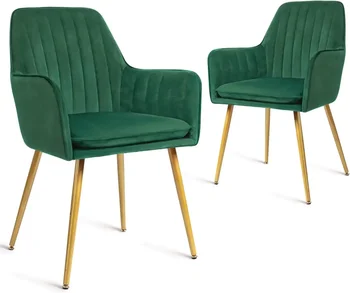 Image Furniture Modern Living Dining Room Accent Arm Chairs Club Guest with Gold Metal Legs, Set of 2, Green