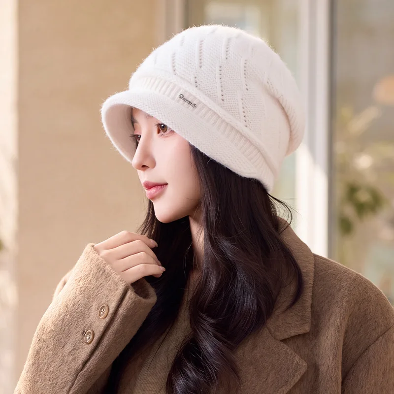 New Women Fashion Winter Hat With Brim Plush Fur Lined Chic Hats For Women Casual Rabbit Fur Blend Streetwear Knitted Cap