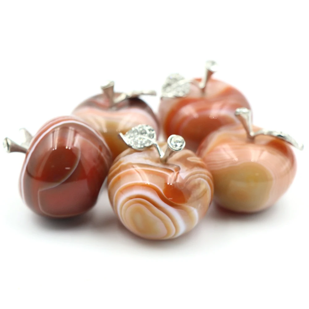 35mm Red Stripe Banded Agate Apple Natural Stone Ornament Rhinestone Leaf Healing Desk Decor Crystal Collectible Figurine Gift
