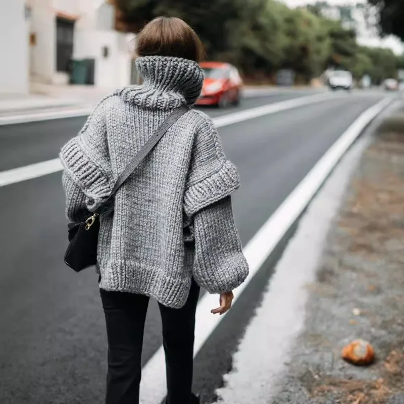 Women's Clothing Sweaters Knitted Coat Pullover Fluffy Long Sleeves High Neck Wool Oversized Sweater Warm Y2k Clothes Tops - Detail 1