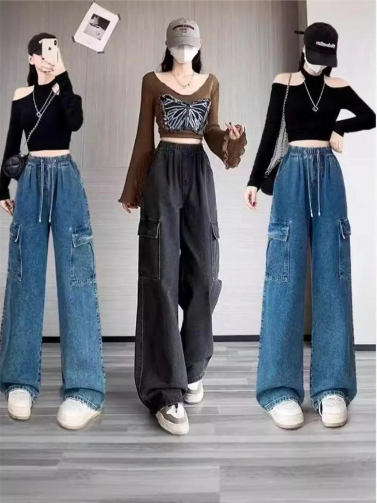American Style Retro Straight Leg Multi Pocket Denim Jeans Women's Spring Autumn New Elastic Waist Loose Wide Leg Casual Pants