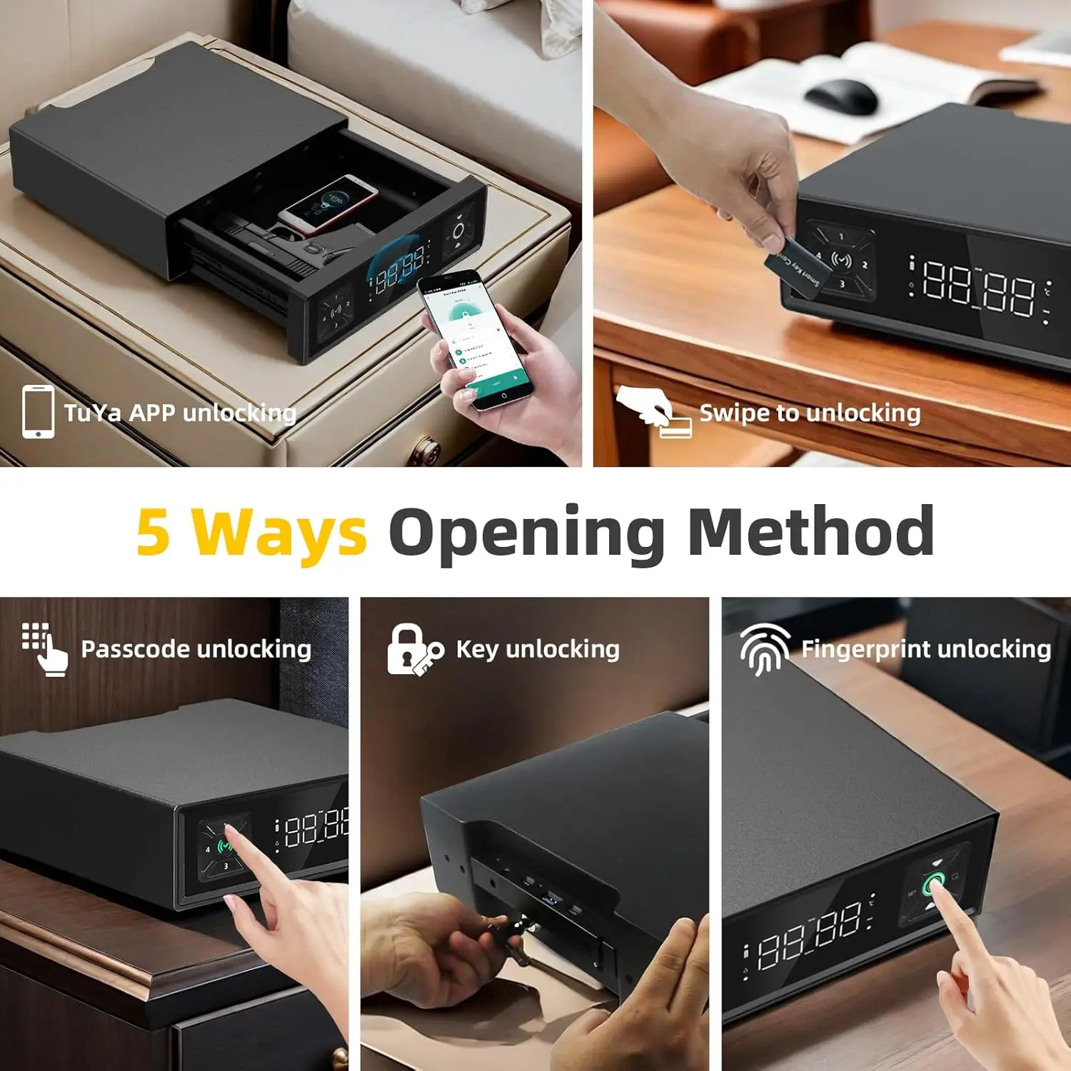 Biometric Gun Safe with LED Clock,Quick Entry Gun Safe Boxes that can be unlocked with Fingerprints,Passwords,APP,Cards,Drawer S