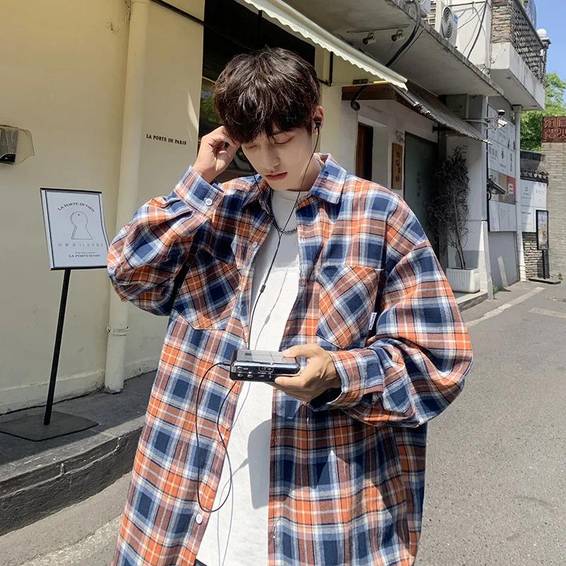 

Men's Plaid Shirt Long Sleeve Loose Fit Stylish Retro Japanese Style Cityboy Outerwear Spring Autumn Trendy Collar Button up
