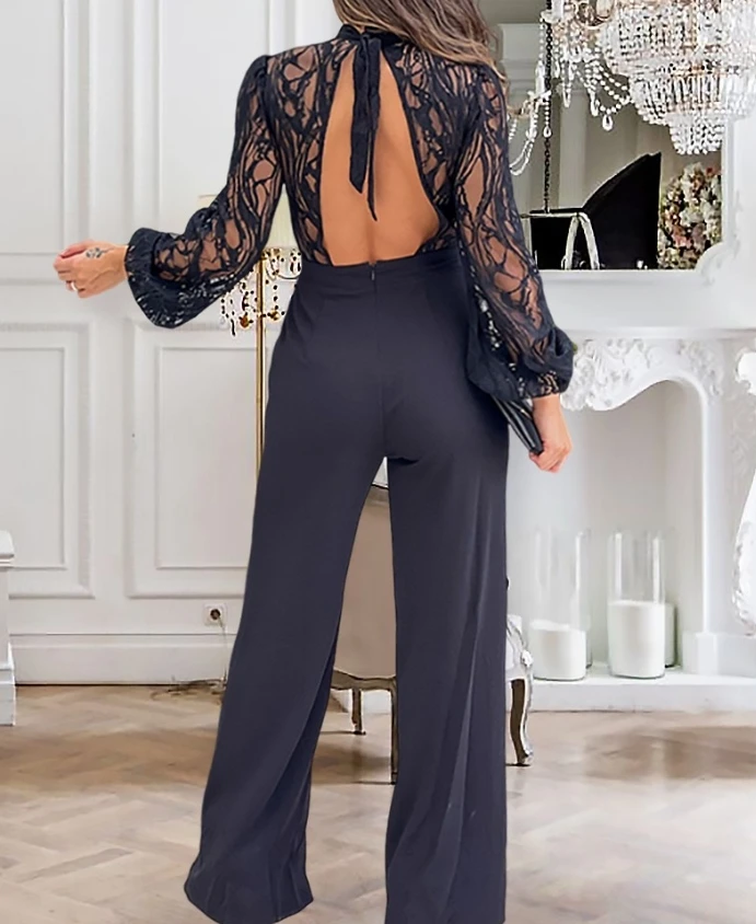 Jumpsuit Women 2025 New Contrast Lace Stand Collar Tied Detail Backless Straight Pants Lantern Sleeve Jumpsuit Elegant Overall