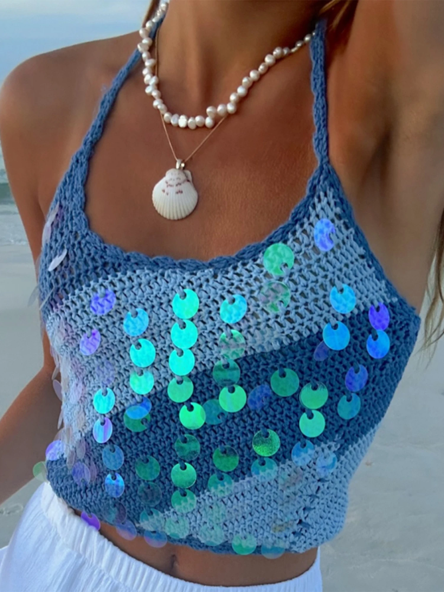 Women s Sparkly Sequin Halter Top with Crochet Back and Sleeveless Design for Trendy Streetwear and Grunge Fashion
