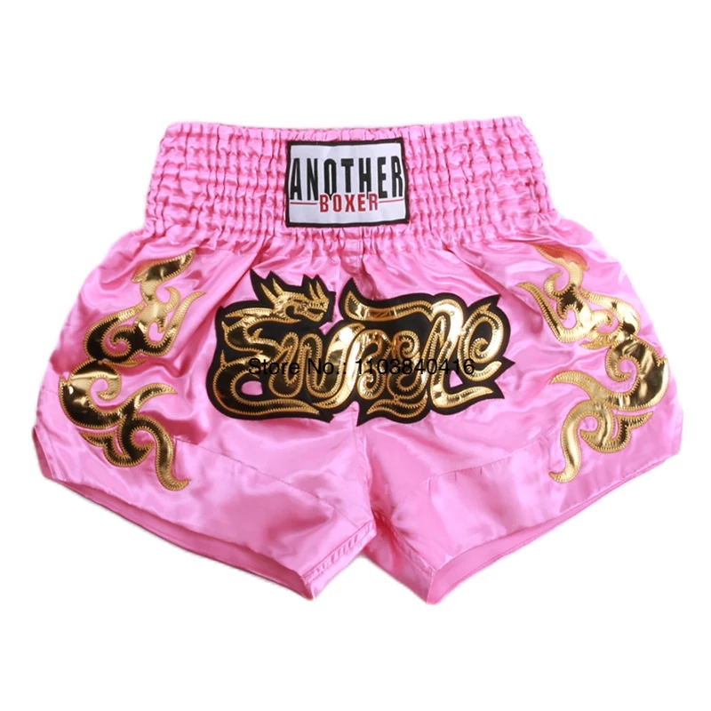 Muay Thai Shorts Satin Gold Embroidery Kickboxing Boxing Trunks Elastic Waist Fight Shorts for Men Women Kids Training Sparring 5