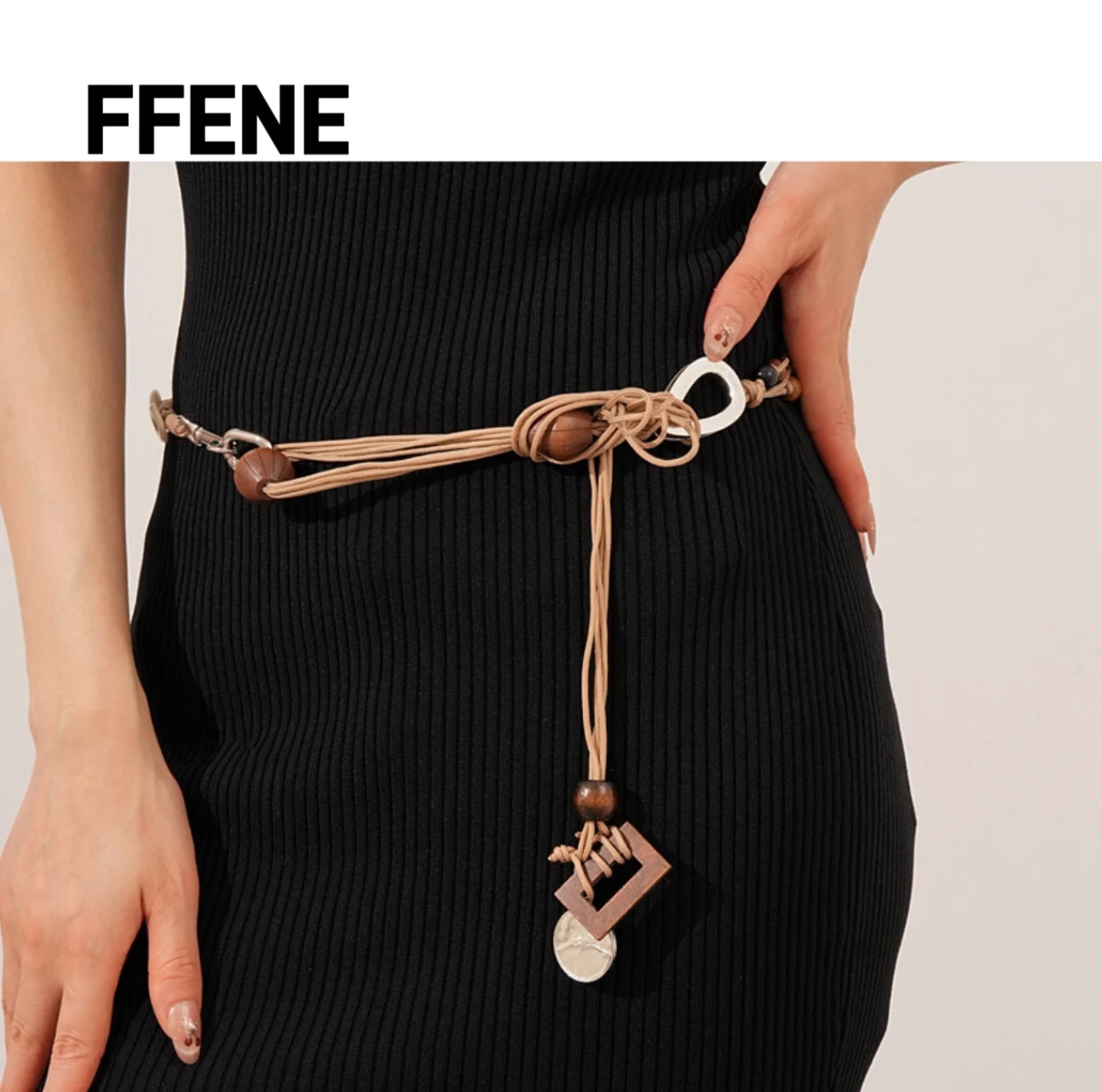 

Wooden coconut shell bead round pendant hot sale chain retro ethnic style versatile waist accessory luxurious high-end feeling