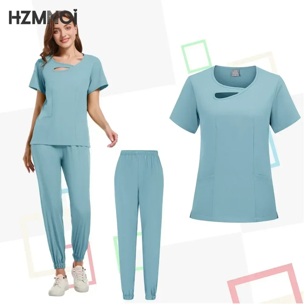 Women Medical Uniforms Elastic Scrubs Sets Hospital Surgical Gowns Short Sleeve Tops Pant Nursing Accessories Doctors Clothes