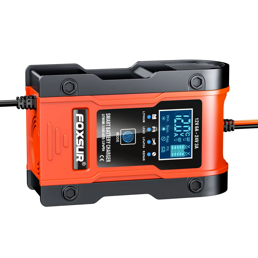 FOXSUR 12V 24V 6A Automatic Smart Battery Charger, 7-stage Car Battery Charger for GEL WET AGM 12.6V Lithium LiFePO4 LiPo