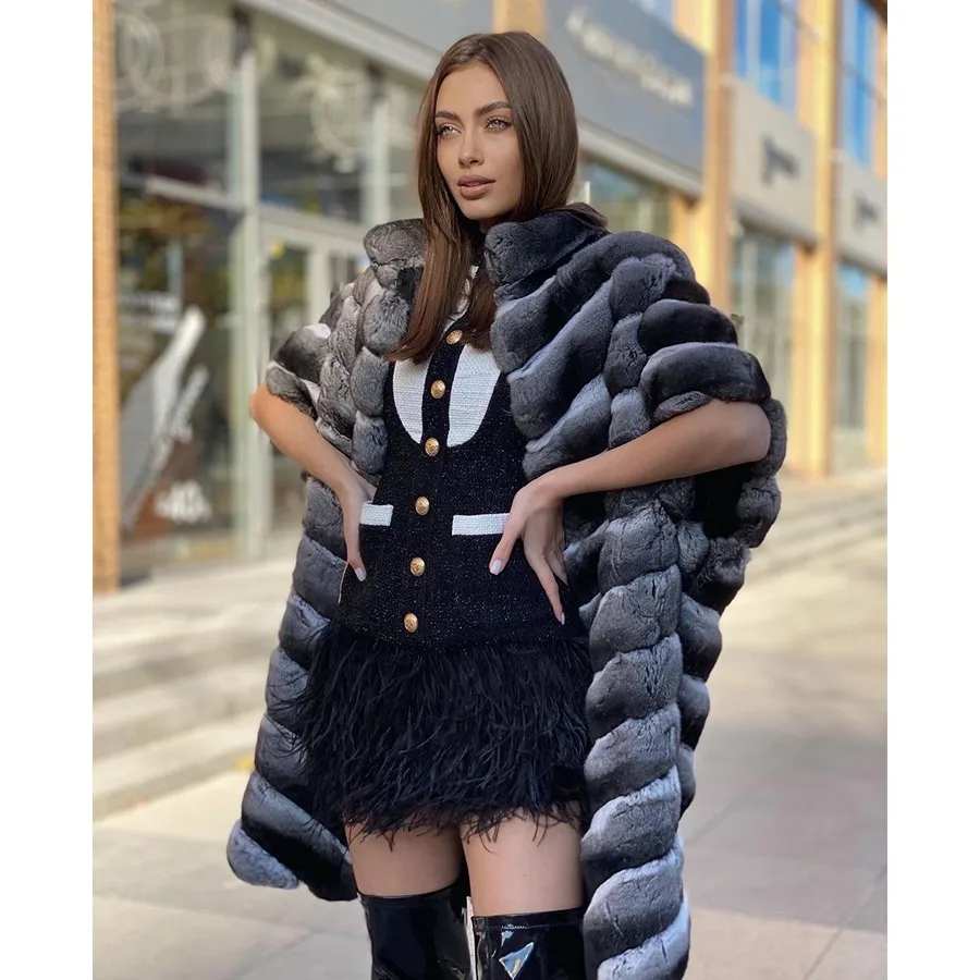 Real Rex Rabbit Fur Vest Women Chinchilla Fur Coats Mid-Length Best Seller 2024 Natural Fur Jacket Women's Winter Coat