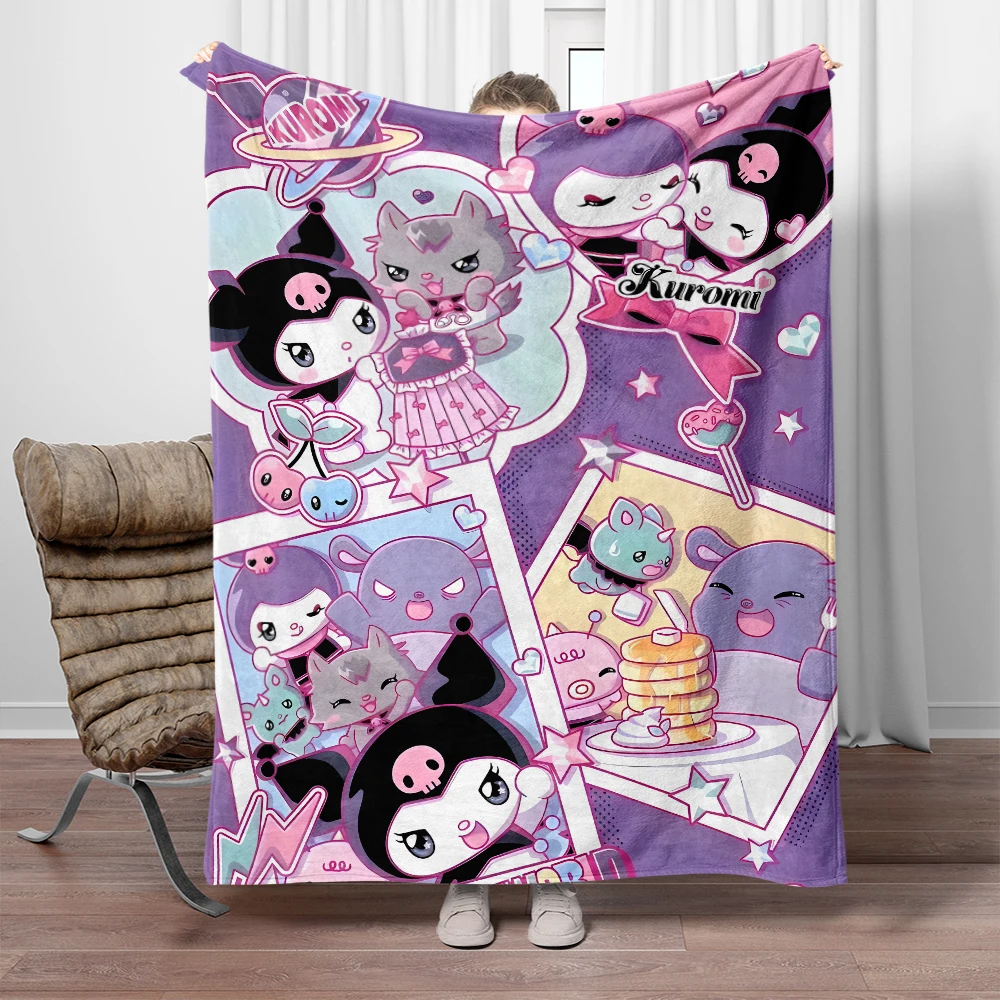 Kuromi Sanrio Cartoon HD Printed Flannel Blanket.Sofa ,Bedroom , Bed Home Office Nap Blanket Car. Travel Picnic Blankets Gift