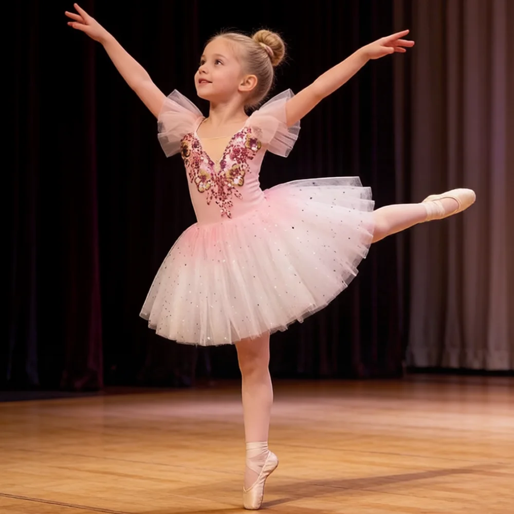 

Girls Ballet Tutu Dress Kids Sparkly Dance Leotard with Skirt Children's Performance Costume for Recital Stage Show & Gymnastics