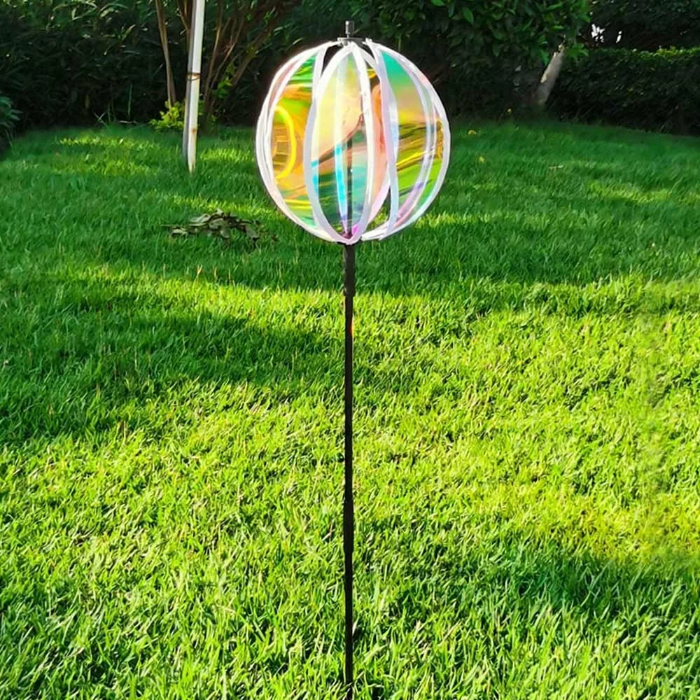 Sparkling Stripe Garden Stake Rainbow Color Reflective Film Outdoor Windmills Colorful Film Rotating Ball Garden Pinwheels