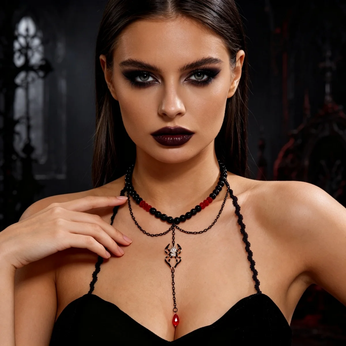 Gotische Cosplay-Halskette mit einzigartigen roten Kristallperlen und Quasten für Damen, Halloween-Fledermaus-Totenkopf-Kürbis-Choker, Punk-Party-Schmuck – Detail 9