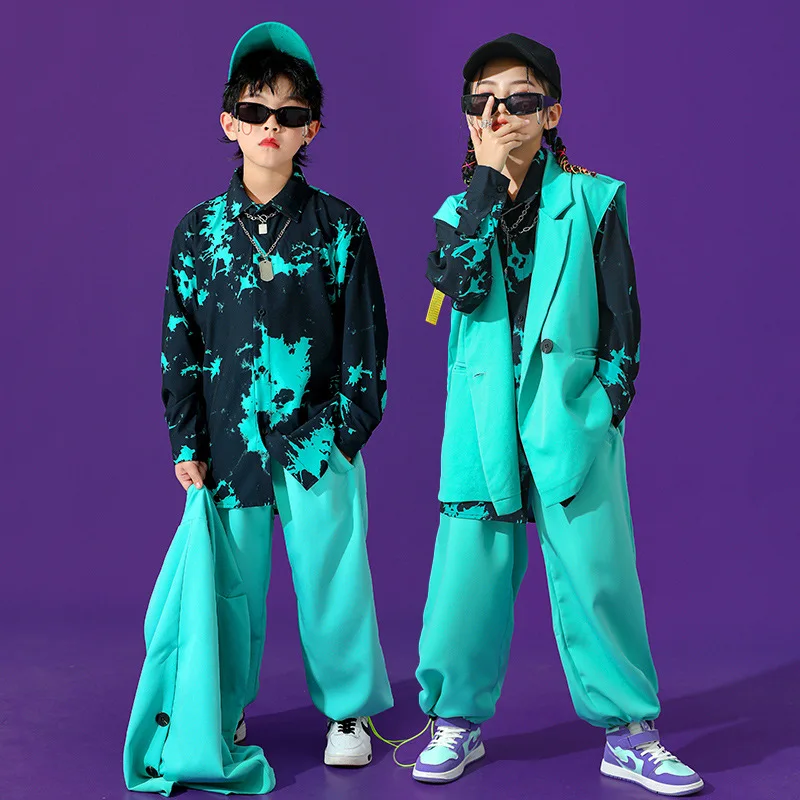 

Girls Hip Hop Solid Vest Ink Wash Shirt Suit Pants Boys Boys Streetwear Child Cool Street Dance Clothes Sets Kids Jazz Costumes