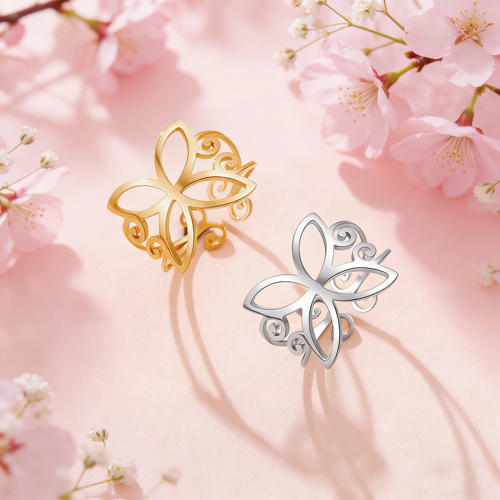 Ästhetischer Hohlblumen-Schmetterlingsring, Verstellbarer Edelstahlring, Modischer Damen-Blumenring, Muttertagsgeschenk